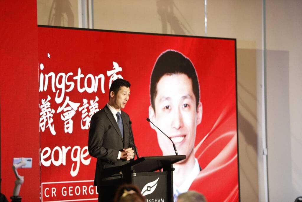 Cr George Hua delivers a speech at the Tai Chi Inheritance Ceremony